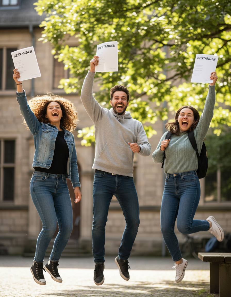 Three learners jumping with their passed telc certificates