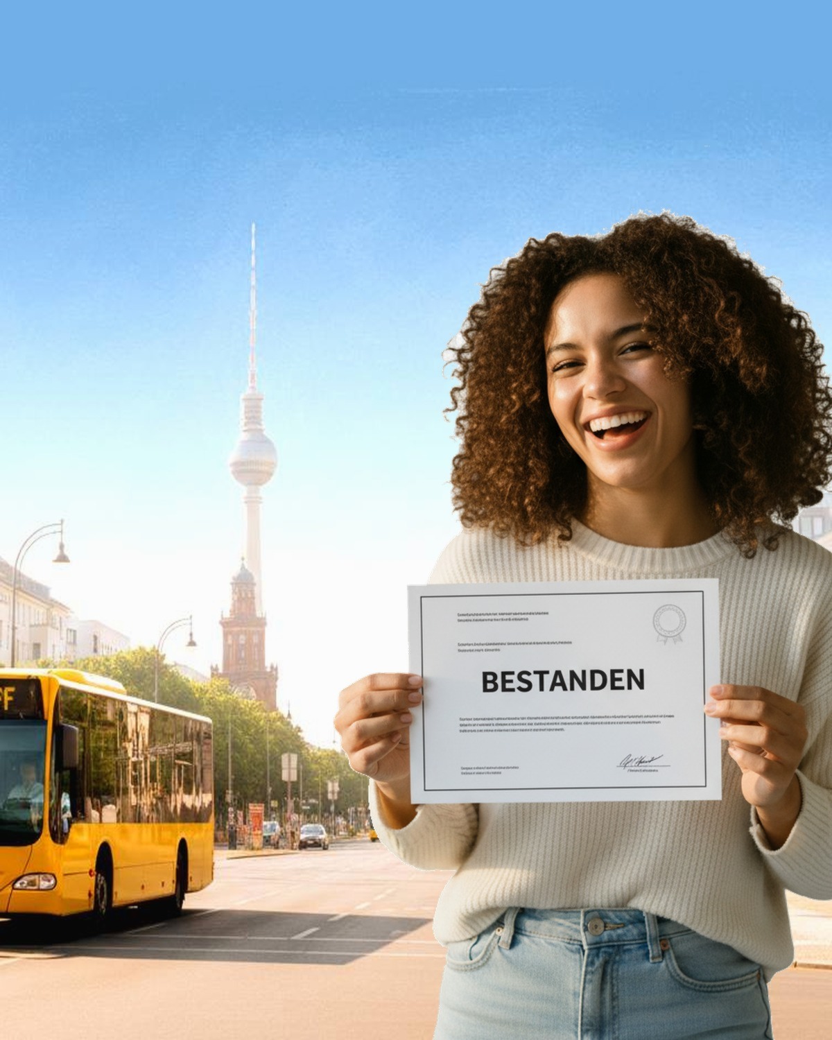 Learner celebrating with her passed telc certificate on a Berlin street